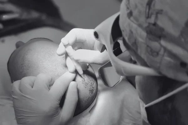 Γιατρός τοποθετεί grafts σε σωστή μεταμόσχευση μαλλιών κατά τη διάρκεια της επέμβασης