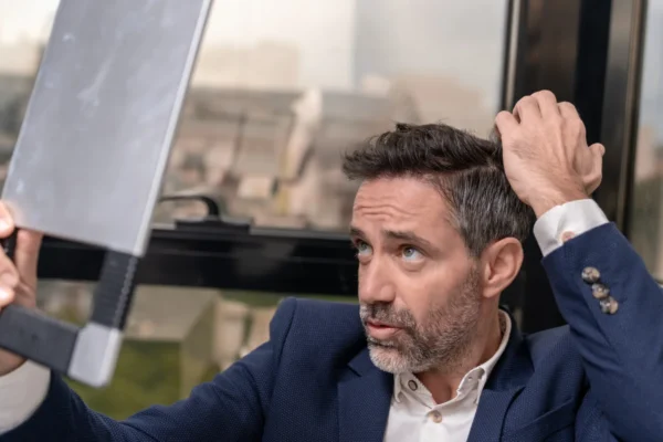 Άνδρας ελέγχει την αραίωση των μαλλιών του για τη σωστή ηλικία για μεταμόσχευση μαλλιών