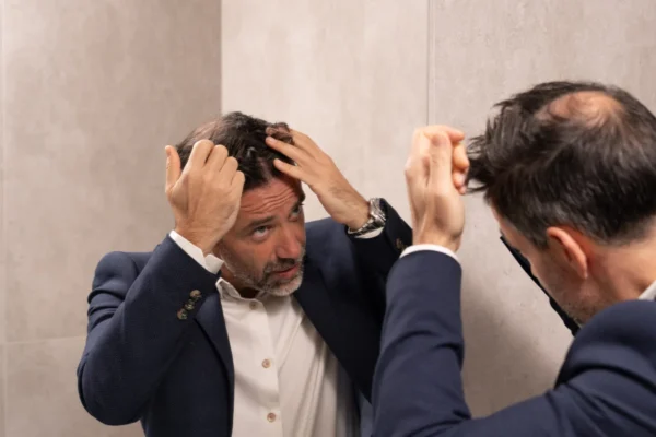 Άνδρας εξετάζει την αραίωση των μαλλιών του στον καθρέφτη πριν από μεταμόσχευση μαλλιών