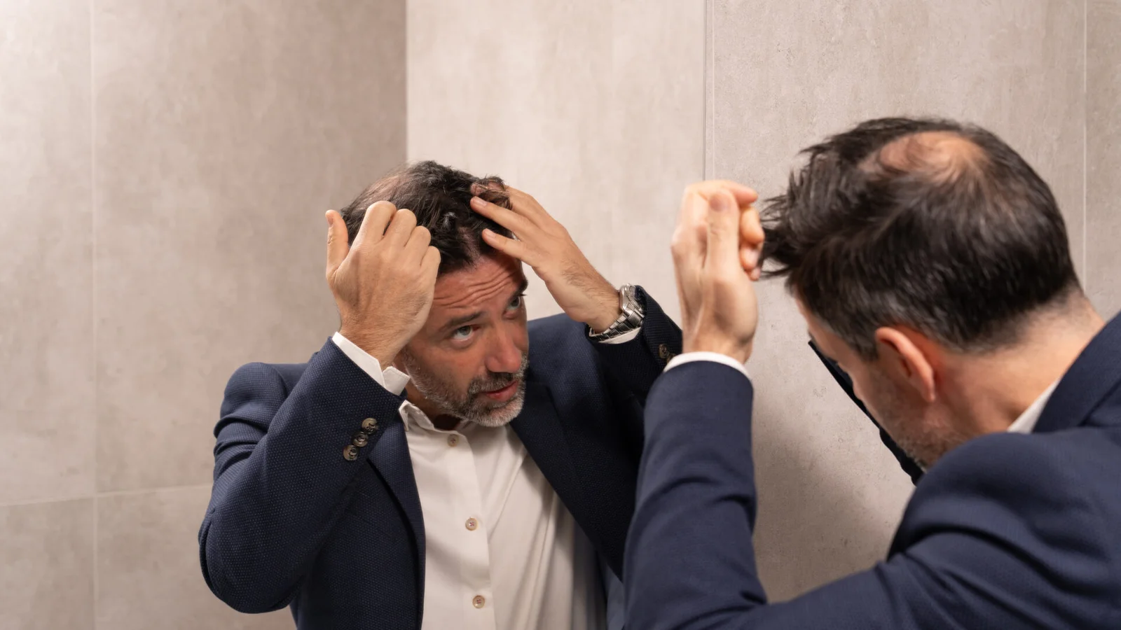 Άνδρας εξετάζει την αραίωση των μαλλιών του στον καθρέφτη πριν από μεταμόσχευση μαλλιών