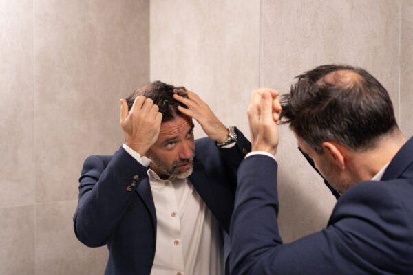 Man examining hair thinning in the mirror before hair restoration treatment