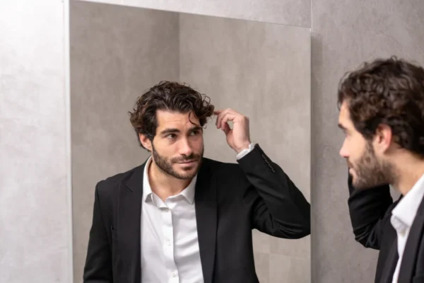 Άνδρας ελέγχει τα μαλλιά του σε εξειδικευμένη ανδρική κλινική μεταμόσχευσης μαλλιών