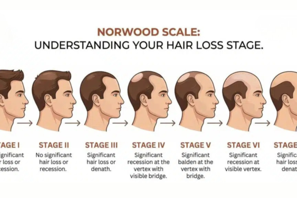 Norwood scale showing stages of male pattern hair loss progression