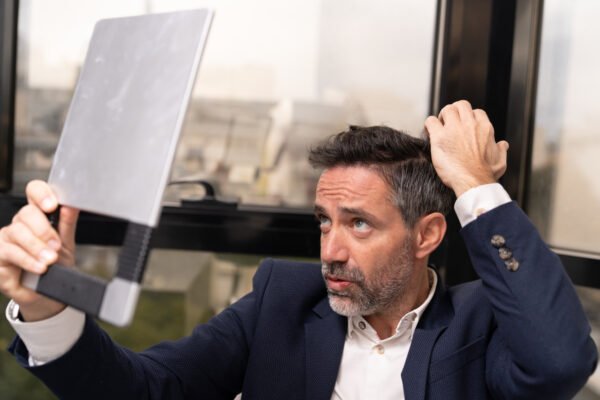 Man checking his hairline in mirror for early signs of hair loss