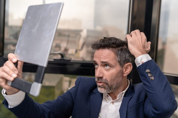 Man checking his hair density in a handheld mirror before a hair transplant evaluation