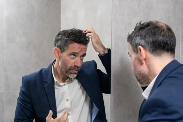 Άνδρας με αραίωση μαλλιών εξετάζει τη γραμμή των μαλλιών του στον καθρέφτη