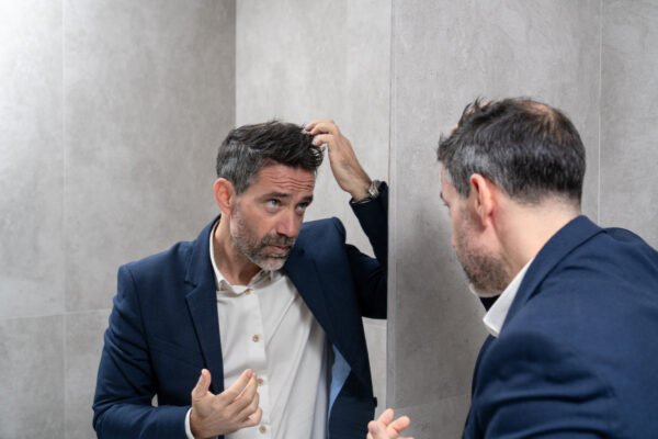 Man with hair thinning examining his hairline in the mirror