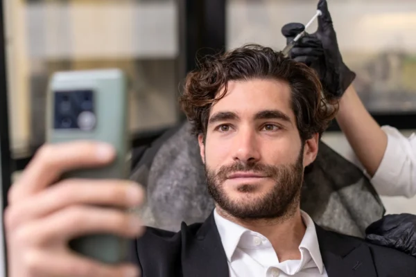 Άνδρας ελέγχει τα μαλλιά του κατά τη διάρκεια συμβουλευτικής συνεδρίας ενώ ειδικός εξετάζει το τριχωτό του