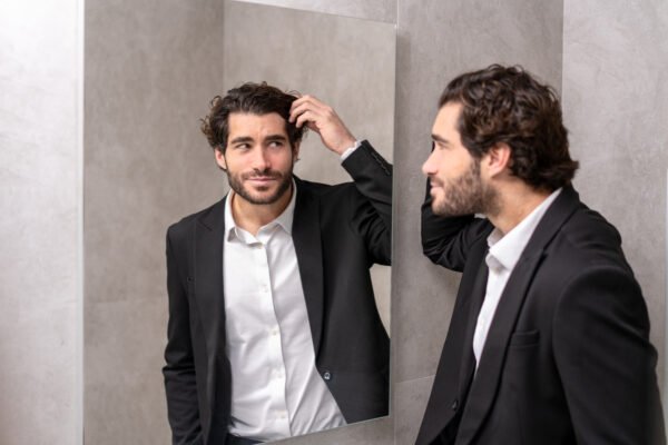 Man looking at his new hair in the mirror after a hair transplant