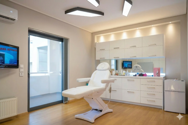 Clean hair transplant treatment room with medical chair and clinical equipment