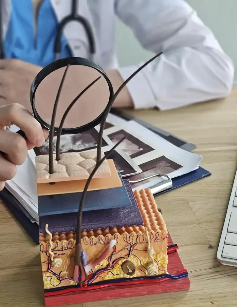 Doctor examining a hair follicle model with a magnifying glass during a hair loss consultation